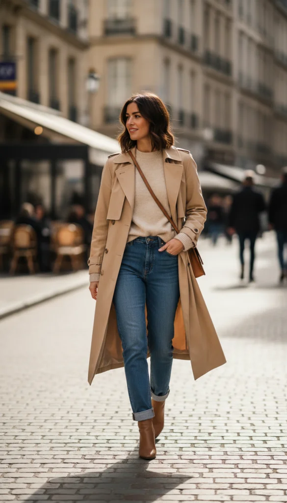 Trench Coat with Lightweight Knit and Straight Jeans