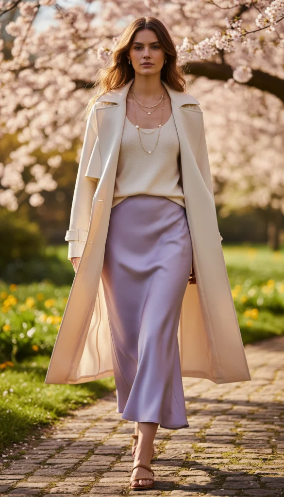 Trench Coat with Slip Skirt and Knit Top