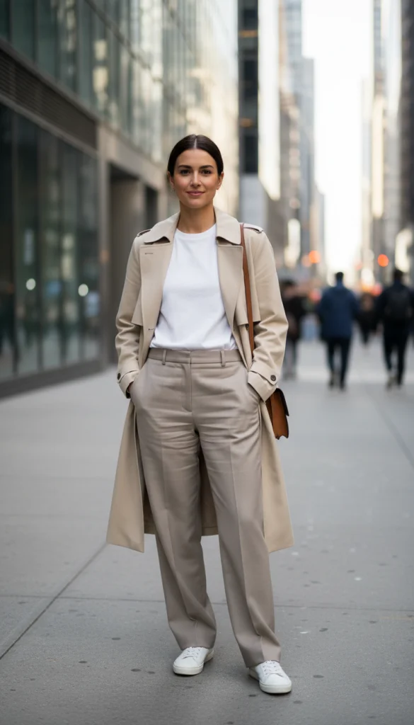 Trench Coat with Tailored Trousers and Tee