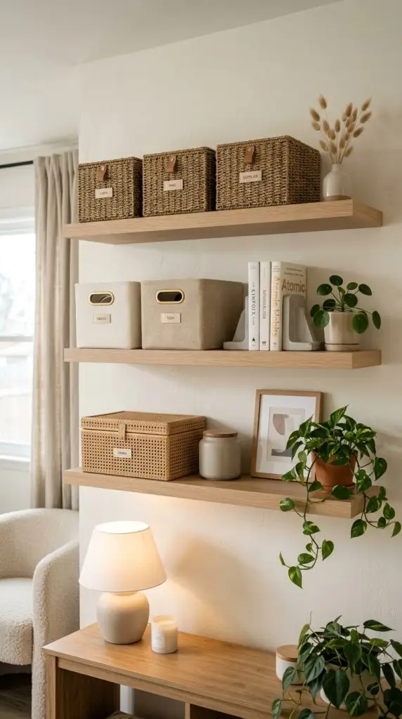 Floating Shelves with Storage Boxes