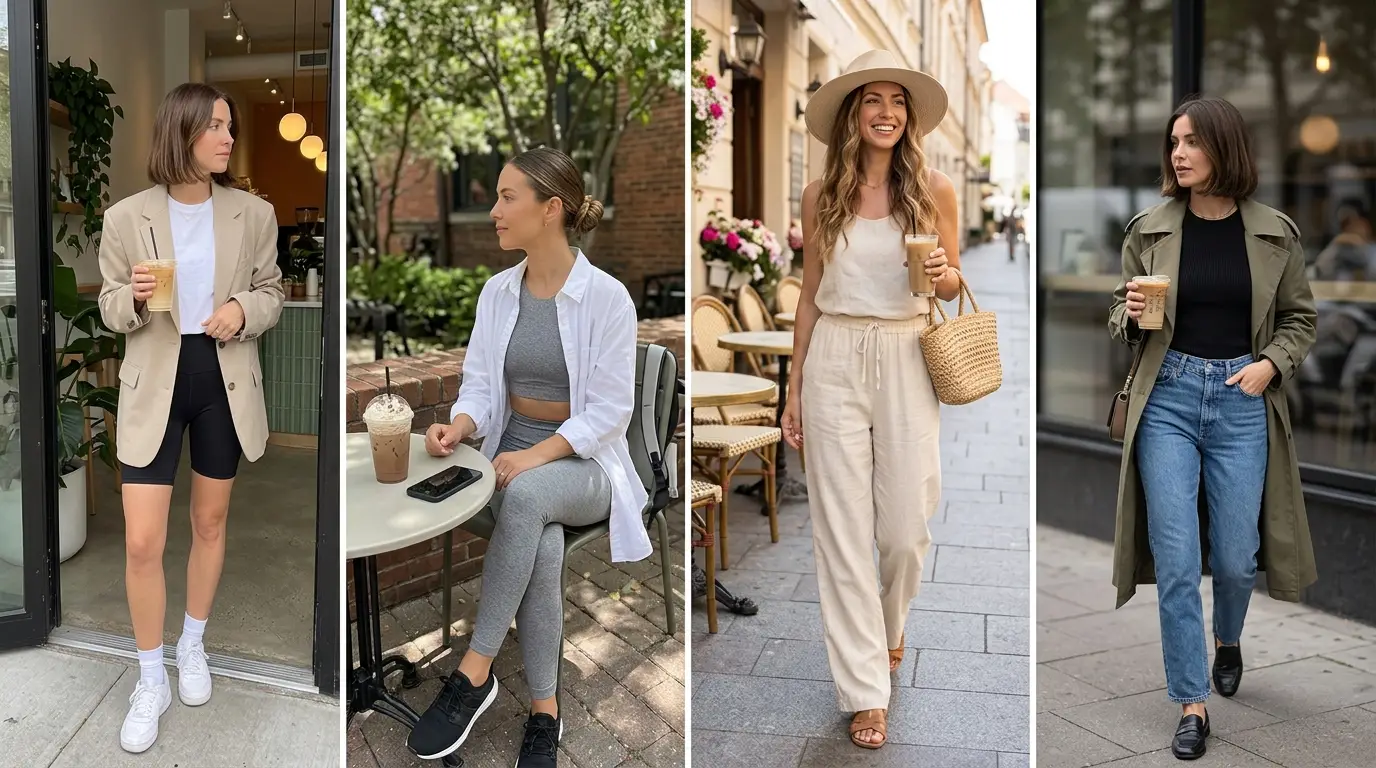 Get inspired with these 15 iced coffee girl outfit ideas perfect for café dates, casual days, city walks, and trendy Pinterest aesthetics. ☕🤎 From oversized blazers and neutral lounge sets to wide-leg pants, biker shorts, and cozy cardigans, these outfits combine comfort and effortless style for the ultimate coffee-girl vibe. Perfect for summer fashion, everyday outfits, and minimalist street style lovers. Save these cute outfit ideas for your next iced coffee run