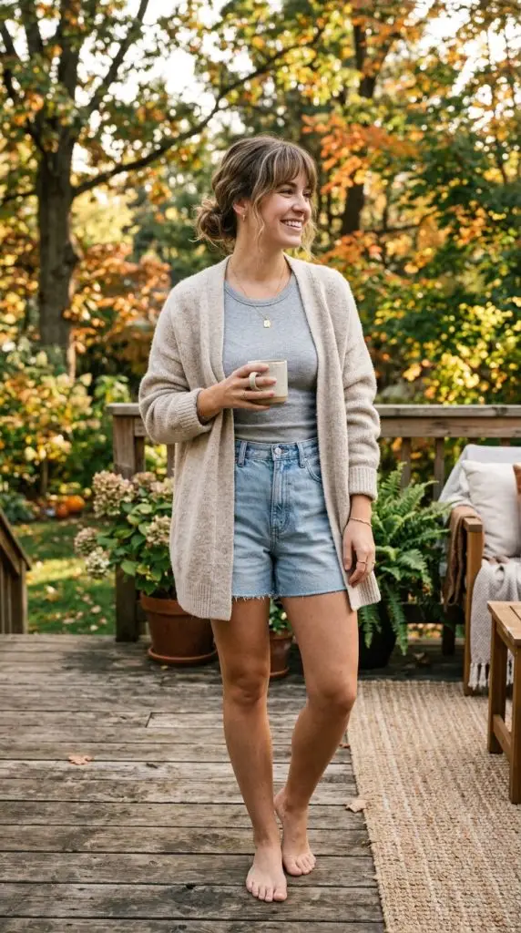 Neutral Cardigan with Tank and Shorts