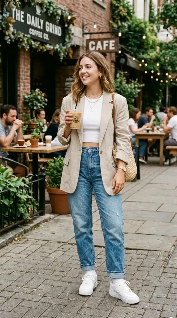 Oversized Blazer with Crop Top and Jeans