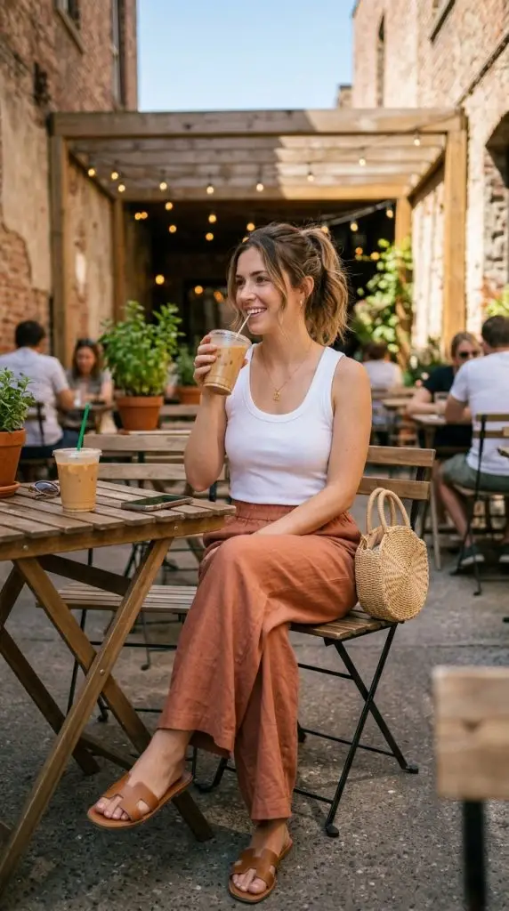 White Tank Top with Wide-Leg Pants