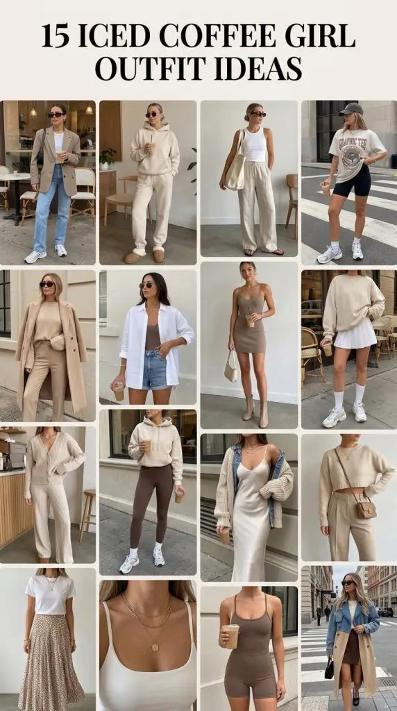 Create a modern Pinterest-style fashion infographic titled “15 Iced Coffee Girl Outfit Ideas” using elegant bold typography and a clean editorial collage layout. Use warm neutral tones like beige, cream, white, mocha brown, soft black, and light denim blue to create a trendy iced coffee aesthetic. Show 15 stylish women wearing effortless café-inspired outfits in cozy coffee shop settings, sunny city streets, aesthetic cafés, and casual urban backgrounds.Include fashionable looks such as oversized blazers with jeans, neutral lounge sets, wide-leg pants, biker shorts, linen shirts, mini dresses, sweatshirts with tennis skirts, ribbed sets, hoodies with leggings, satin slip dresses, cropped sweaters, and flowy maxi skirts. Add trendy accessories like iced coffee cups, tote bags, sunglasses, sneakers, gold jewelry, and minimal handbags.Each section should include short overlay text labels like “Neutral Lounge Set,” “Oversized Blazer & Jeans,” “Graphic Tee & Biker Shorts,” “Monochrome Beige Outfit,” and “Flowy Maxi Skirt.” Add soft shadows, aesthetic spacing, warm sunlight, and realistic Pinterest-worthy fashion photography.The overall design should feel cozy, feminine, stylish, minimalist, trendy, and highly clickable for Pinterest fashion audiences. Use a high-resolution vertical format optimized for Pinterest pins with luxury café-girl vibes and magazine-style composition.