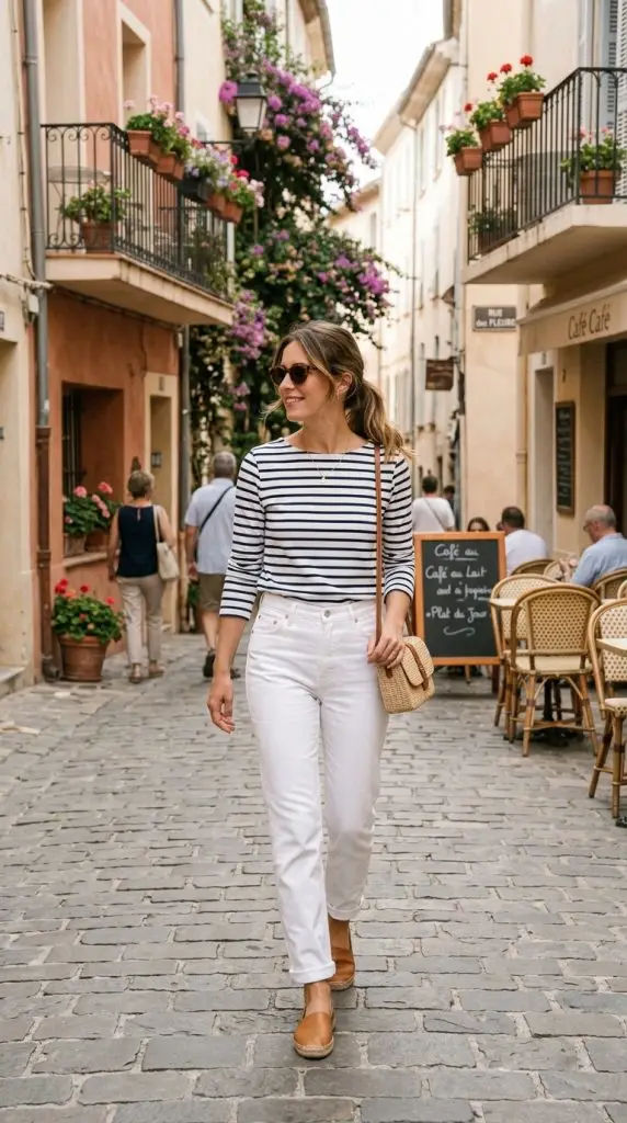 Breton Stripe Top and White Jeans