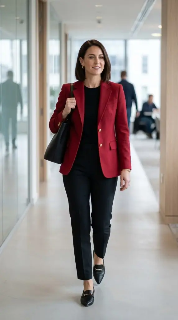 Cherry Blazer and Black Trousers