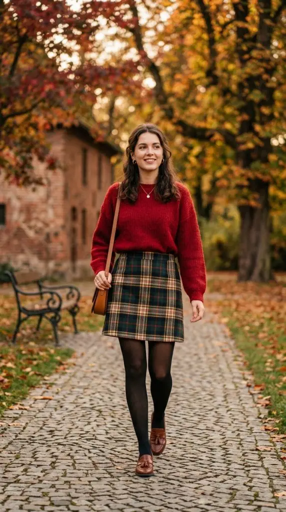 Cherry Knit Top and Plaid Skirt