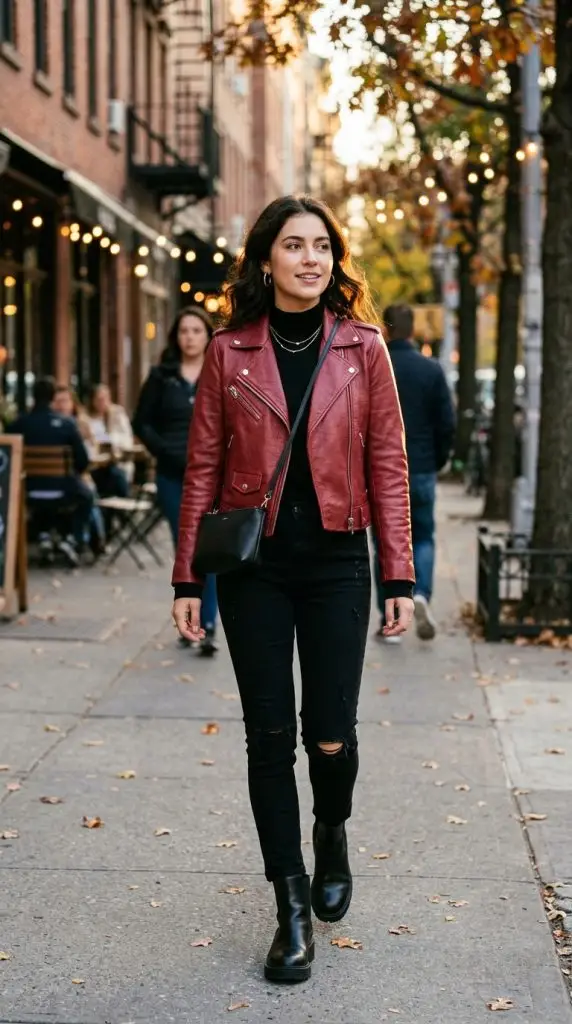 Cherry Leather Jacket and Black Jeans
