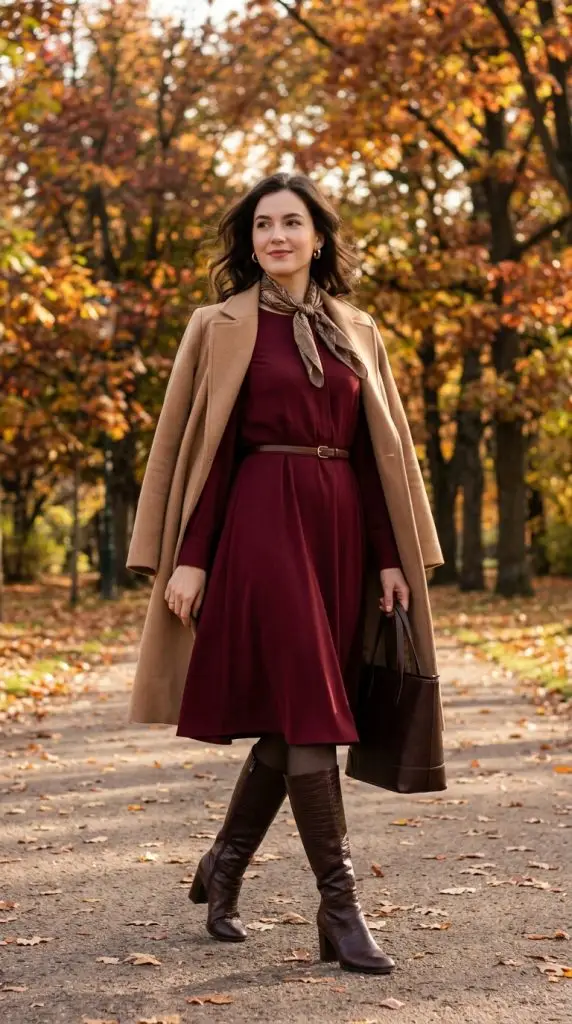  Cherry Midi Dress and Knee-High Boots