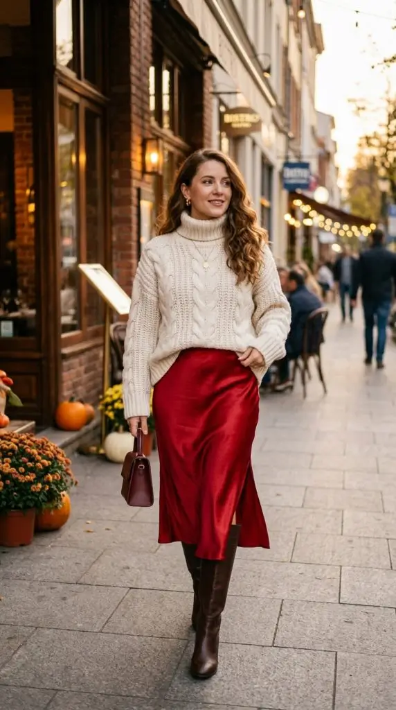  Cherry Satin Skirt and Chunky Knit