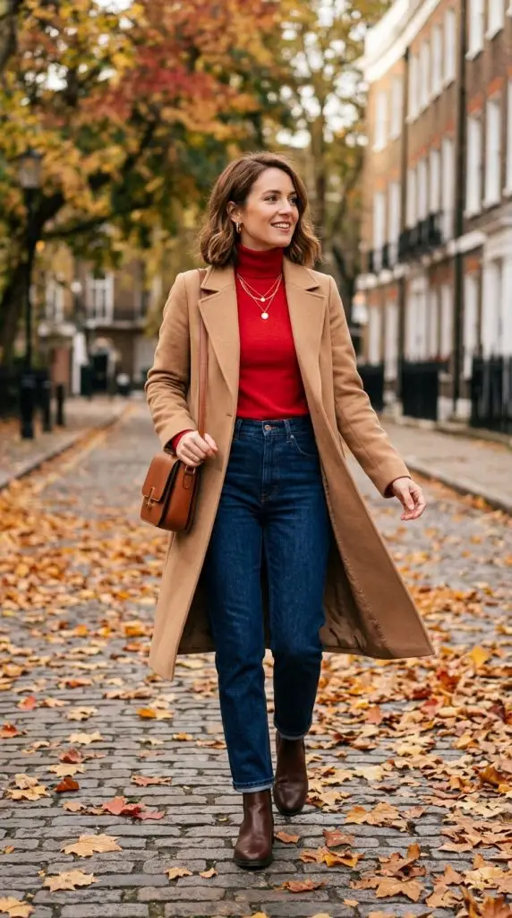 Cherry Turtleneck and Camel Coat
