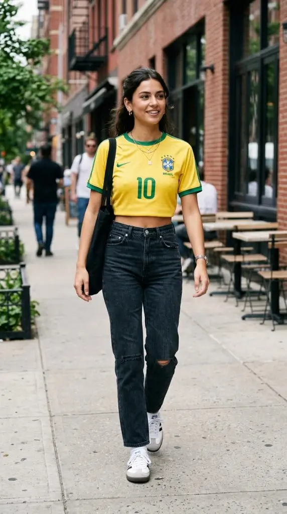 Cropped Soccer Jersey with High-Waisted Jeans