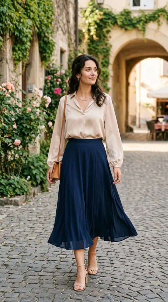 Silk Blouse and Midi Skirt