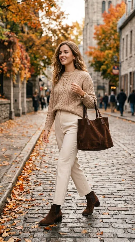 Beige Knit Sweater and Trousers