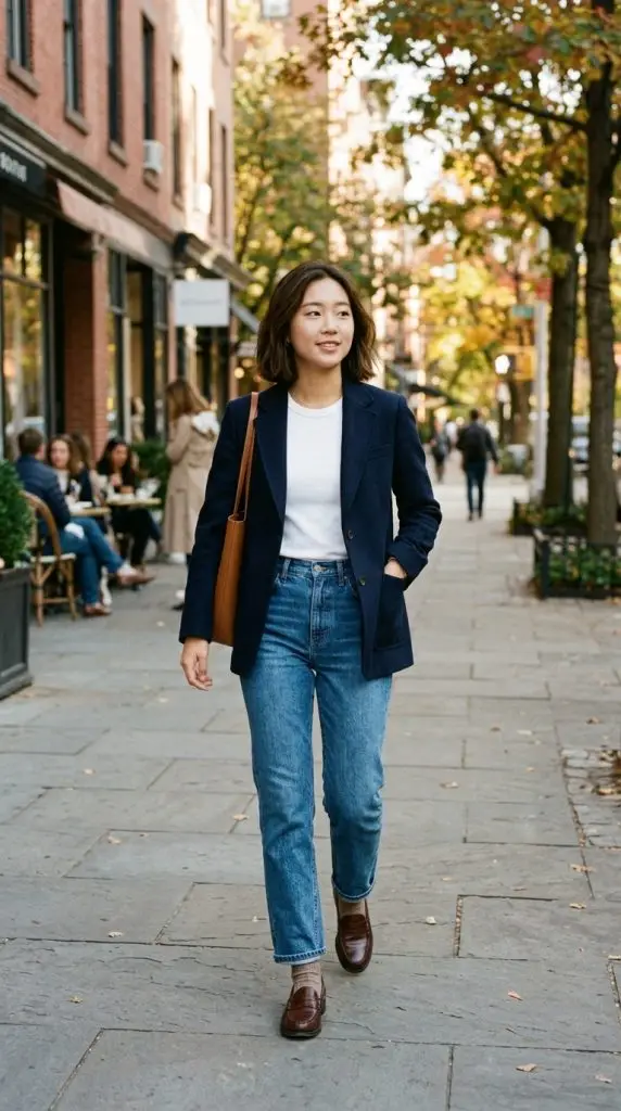 Blazer, White Tee, and Straight-Leg Jeans