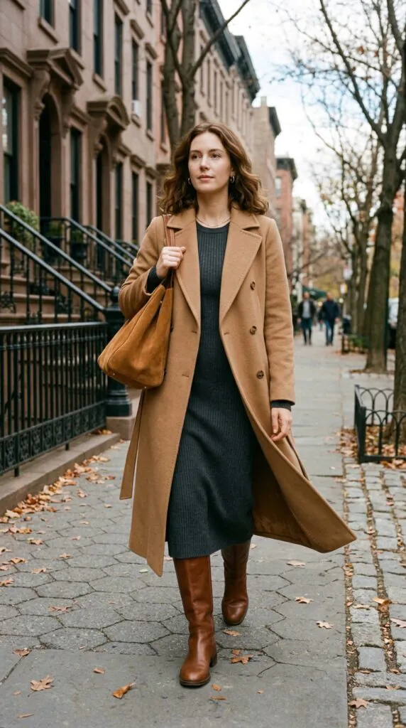 Camel Coat with Knit Dress