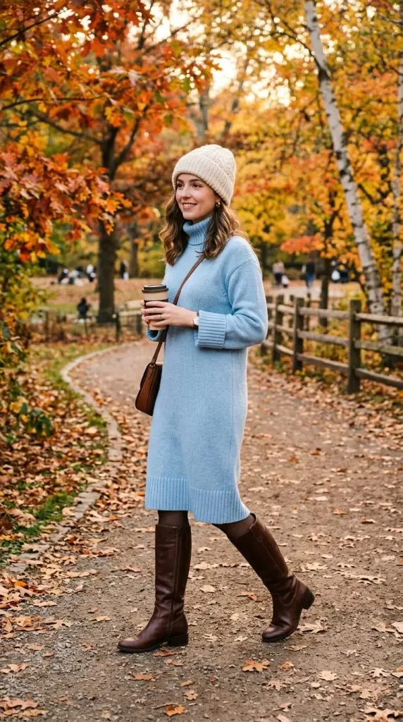 Light Blue Knit Dress With Knee-High Boots