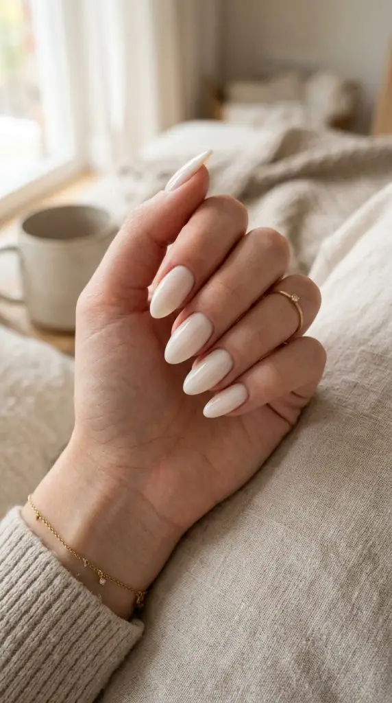 Milky White Almond Nails