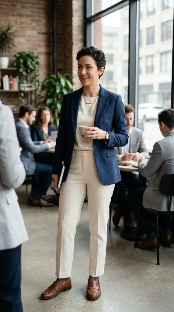 Navy Blazer and Cream Trousers