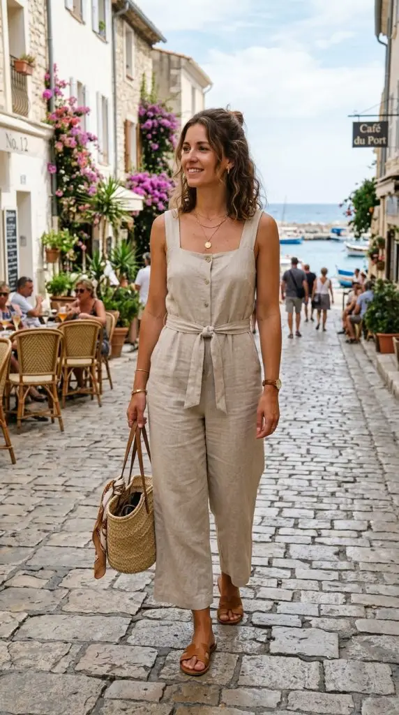 Neutral Jumpsuit With Sandals
