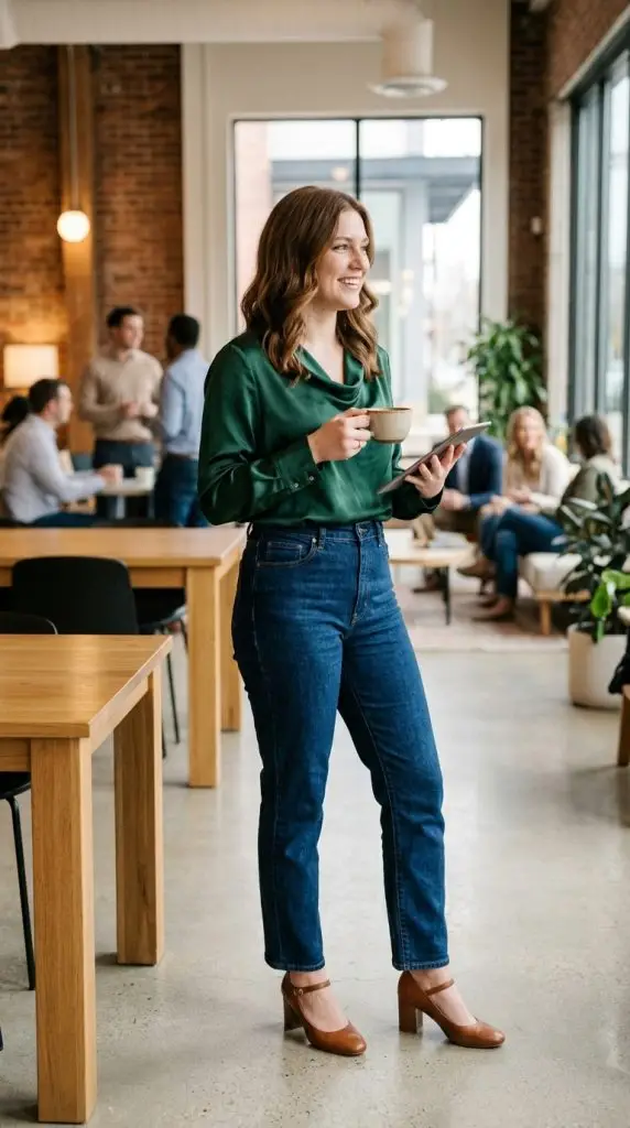 Satin Blouse and Dark-Wash Jeans