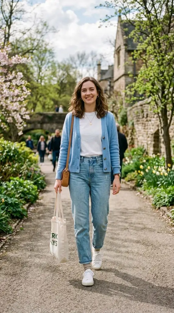 Sky Blue Cardigan Over a White Tee