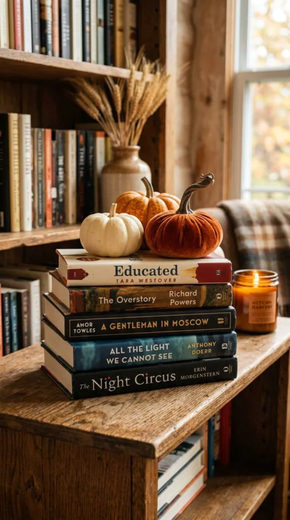 Stack Books with Mini Pumpkins