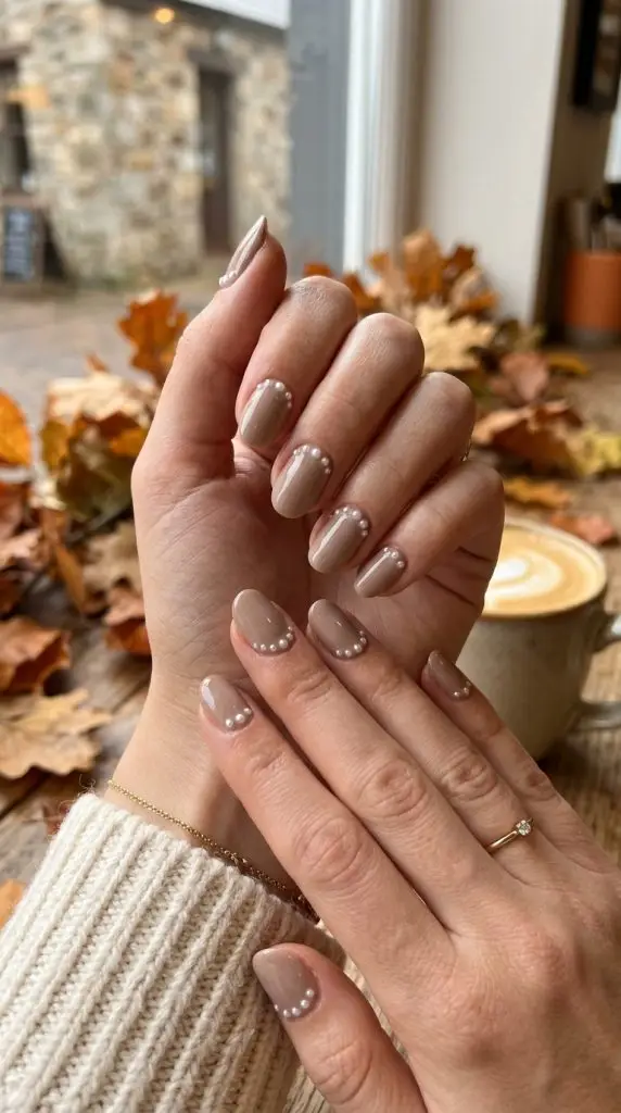 Taupe Nails With Pearl Accents