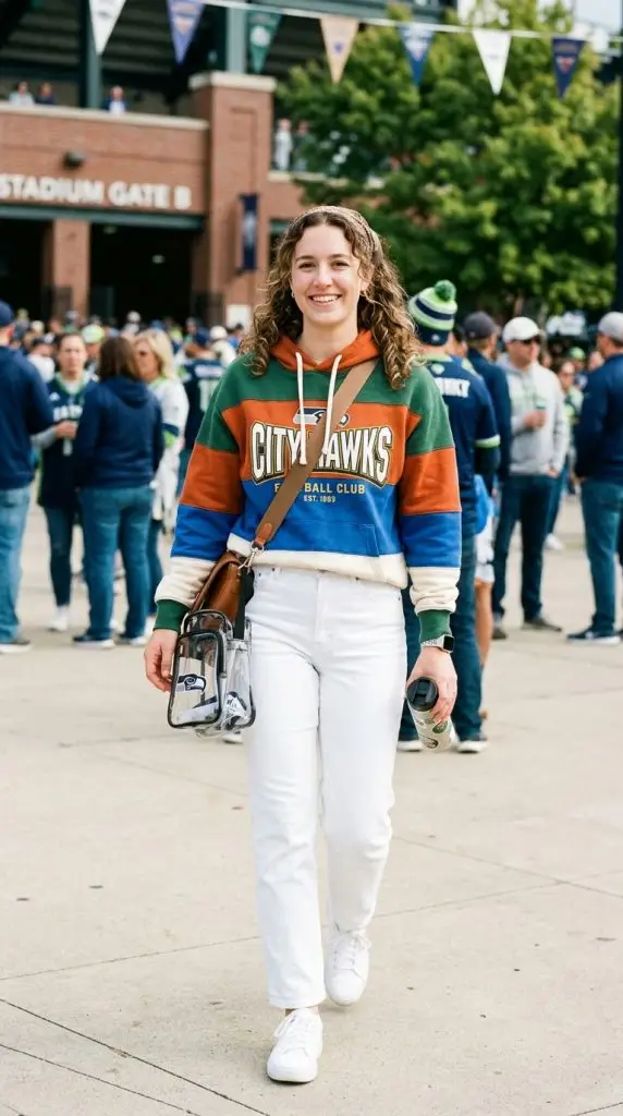 Team Sweatshirt with White Jeans