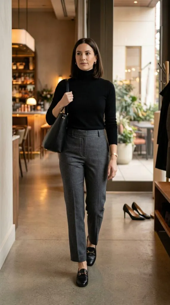 Black Turtleneck with High-Waisted Trousers