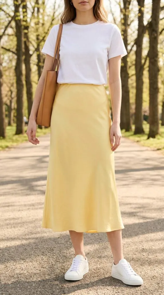 Silk Skirt With a White T-Shirt