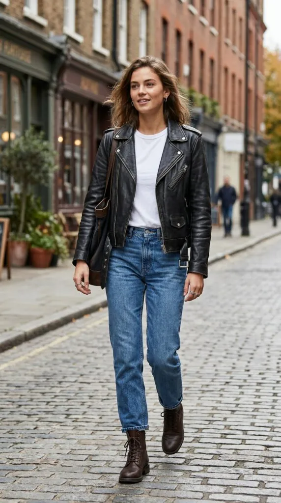 White T-Shirt + Leather Jacket