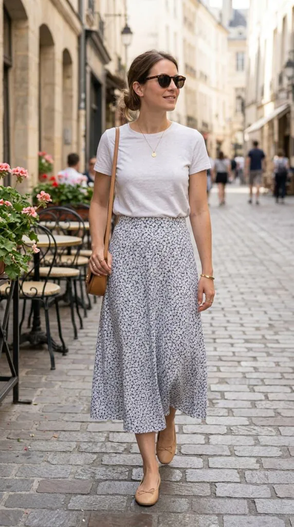  White T-Shirt + Midi Skirt