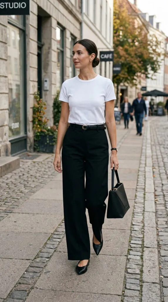 White T-Shirt + Wide-Leg Trousers