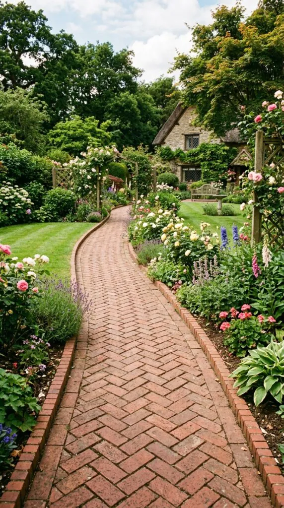 Classic Red Brick Herringbone Pathway