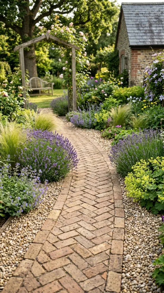 Herringbone Brick Path With Gravel Edges