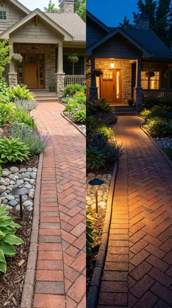 Herringbone Brick Pathway With Landscape Lighting